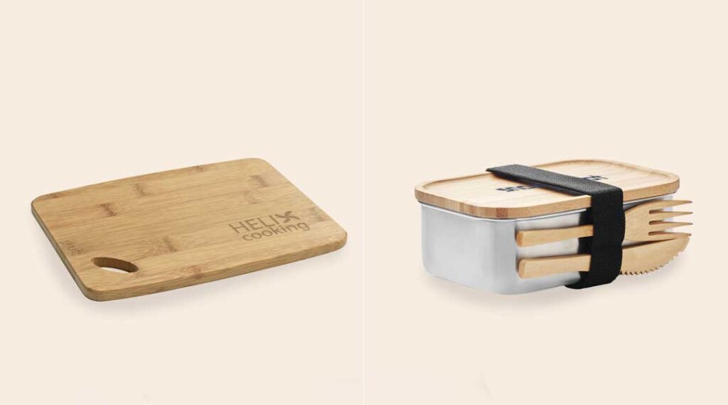 tagliere con logo e lunchbox con posate in legno