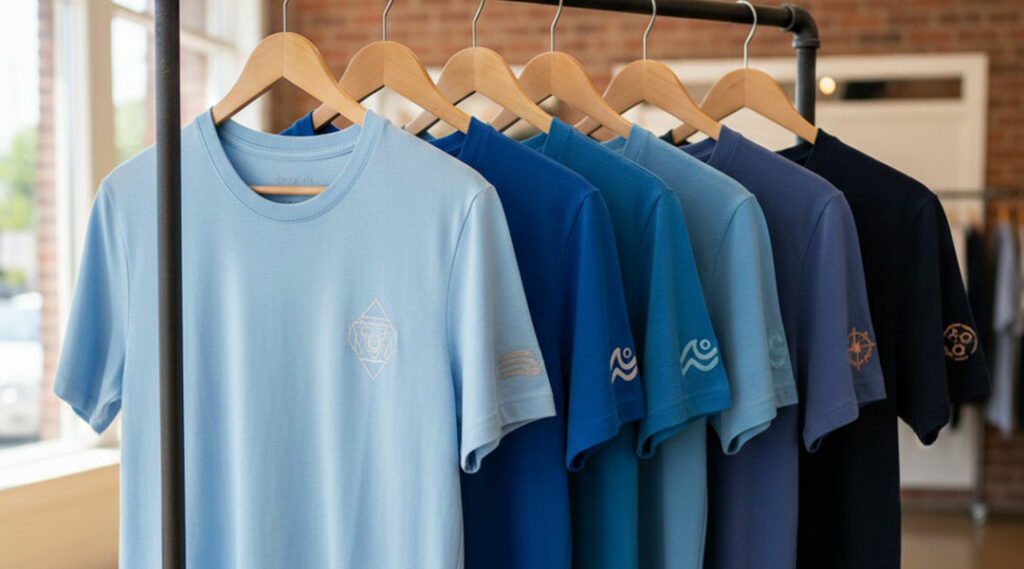 Magliette in diverse tonalità di blu