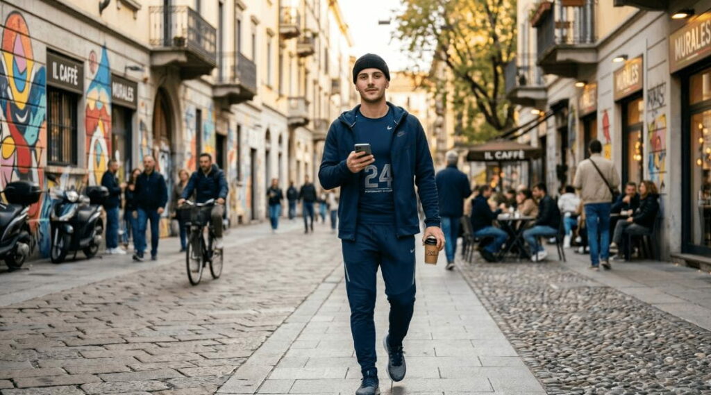Uomo in abbigliamento sportivo che cammina in città