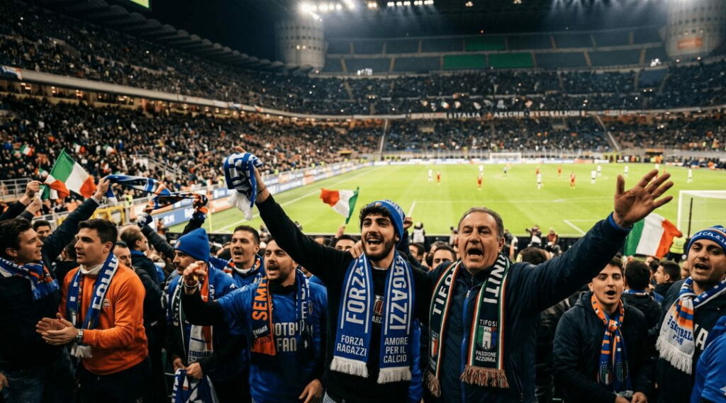 Tifosi festeggiano allo stadio con sciarpe sportive personalizzate