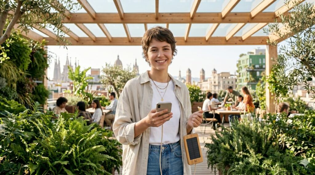 Donna con caricatore solare per smartphone