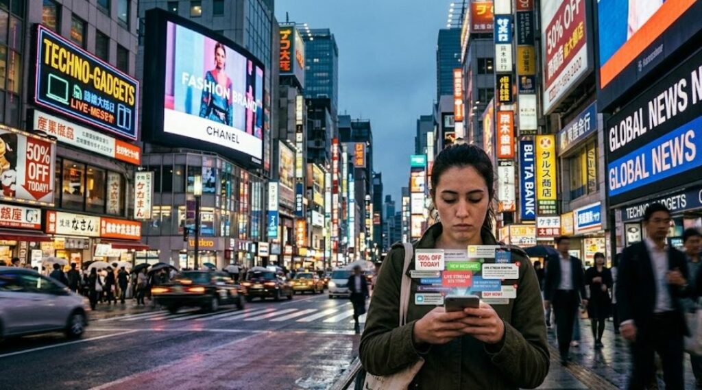 Donna con smartphone da cui emergono immagini digitali