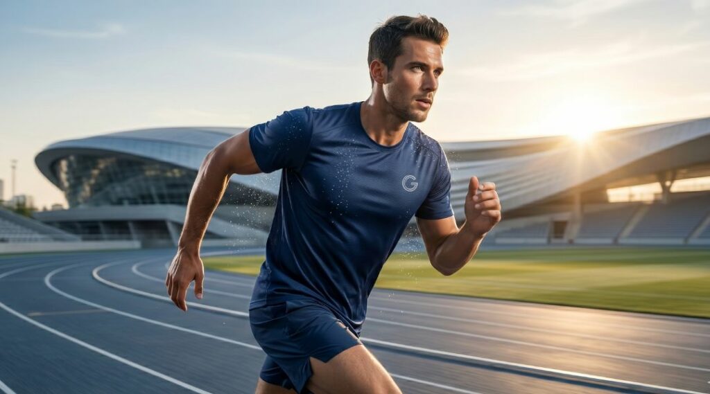 Uomo che corre mentre indossa maglietta tecnica sportiva