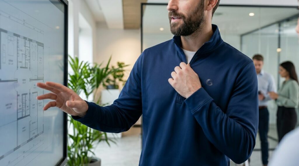 Uomo in ufficio con felpa tecnica sportiva