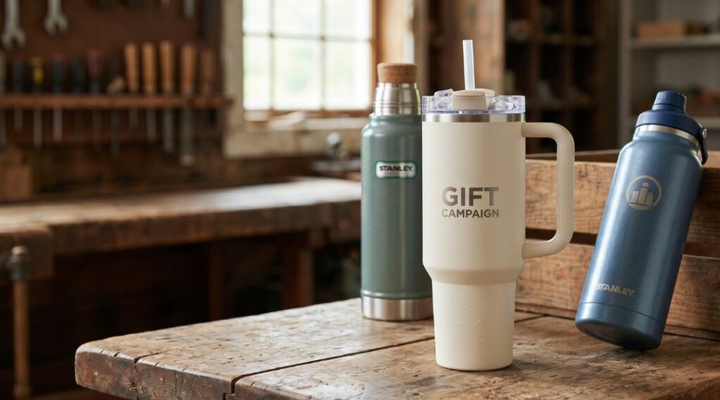 Tre borracce Stanley personalizzate, tra cui una con il logo Gift Campaign