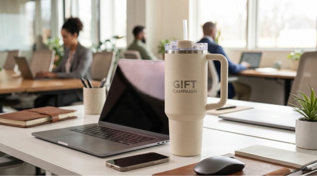 Borraccia Stanley personalizzata con il logo Gift Campaign su una scrivania in ufficio