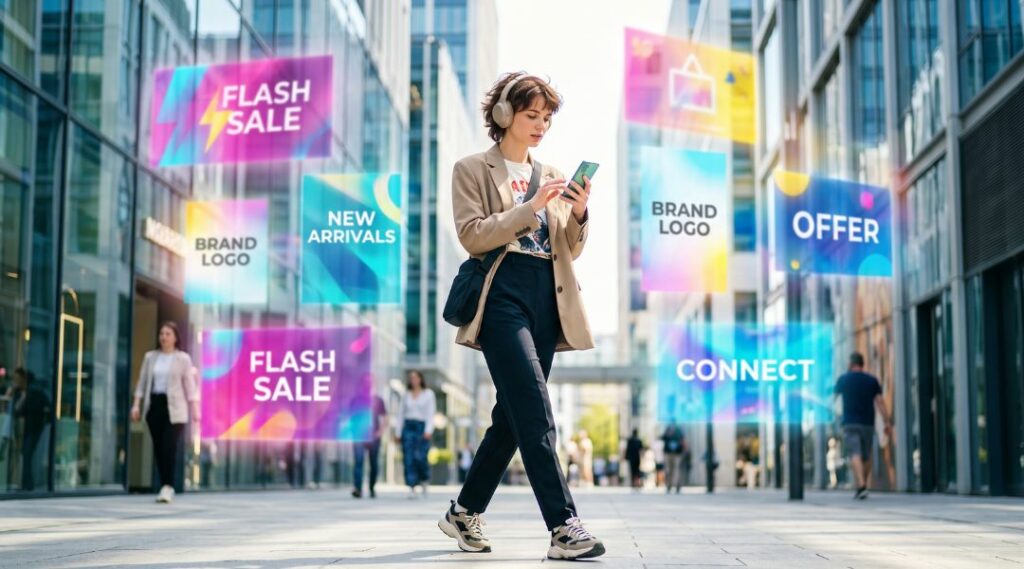 Donna con smartphone e banner pubblicitari in città