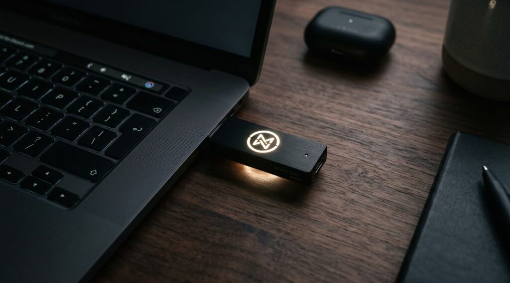 Chiavetta USB inserita in un laptop su una scrivania