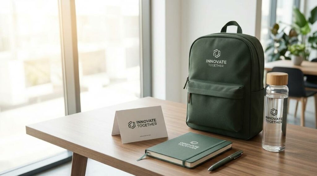 Gadget promozionali con slogan personalizzati su una scrivania
