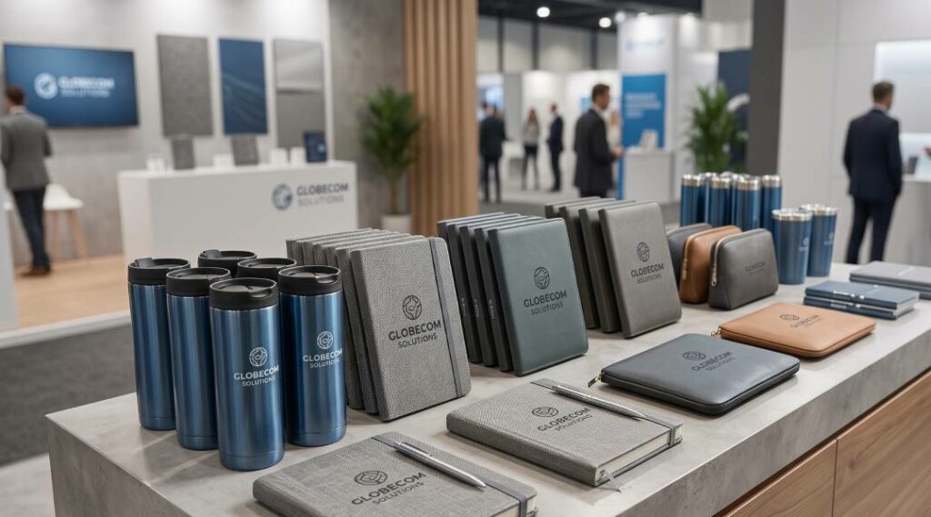 Gadget aziendali personalizzati esposti durante una fiera