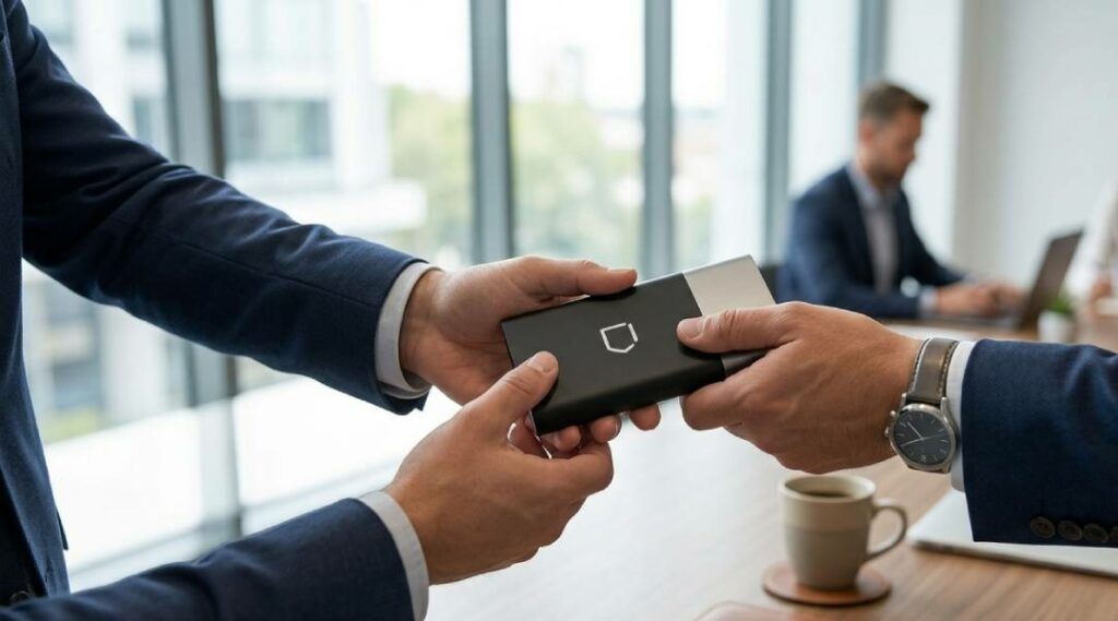 Due uomini si scambiano una power bank con logo aziendale