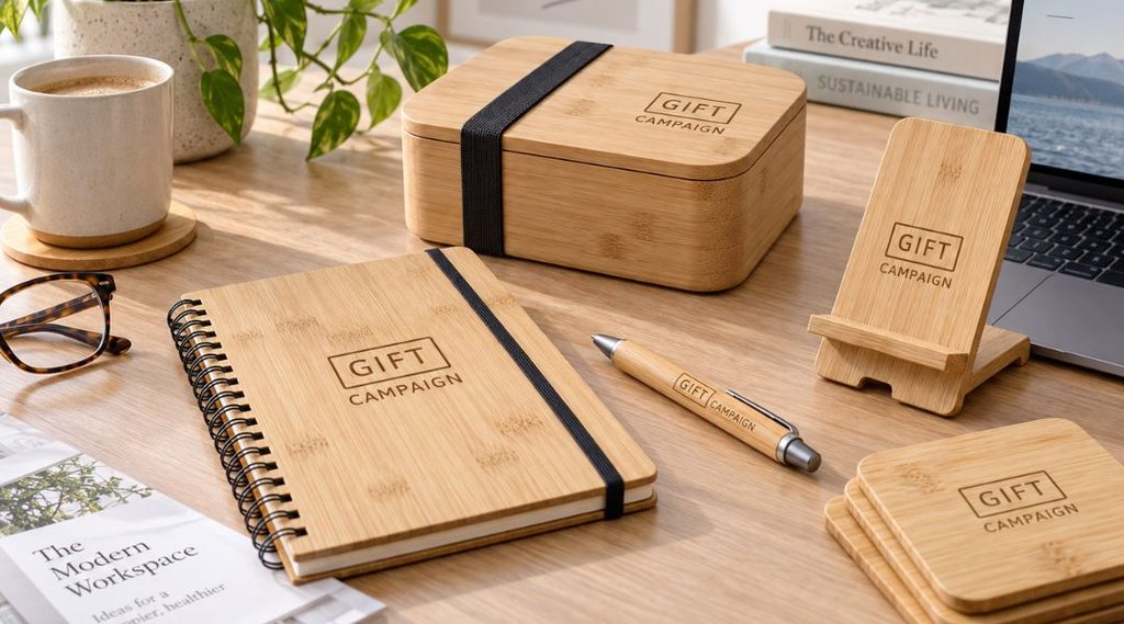 Gadget personalizzati con il logo di Gift Campaign in bambù