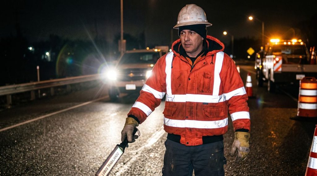 Operaio con indumenti ad alta visibilità durante lavori stradali notturni