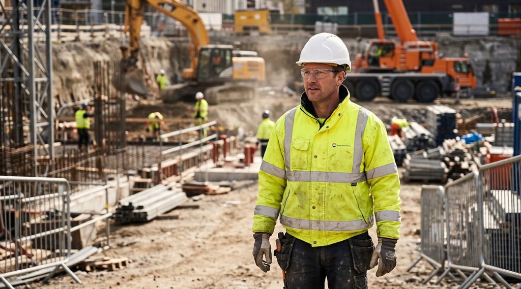 Operaio con abbigliamento ad alta visibilità durante lavori in cantiere