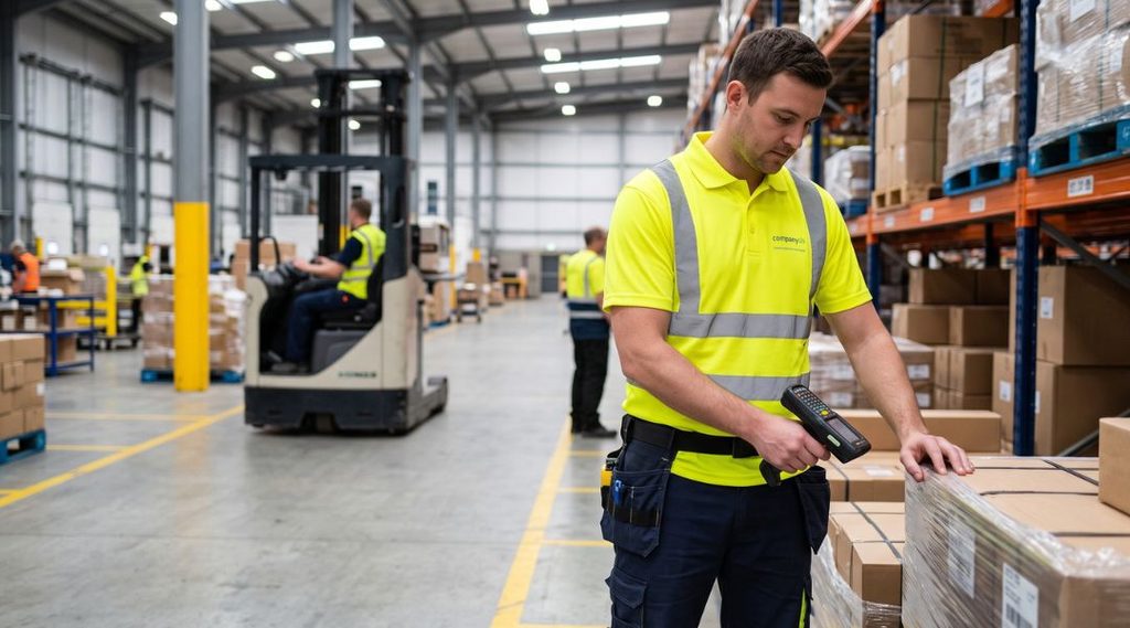 Addetto alla logistica con abbigliamento ad alta visibilità in magazzino