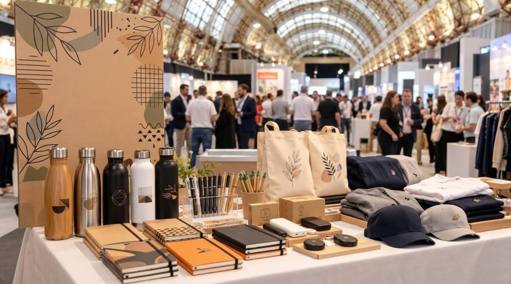 Gadget pubblicitari personalizzati esposti durante una fiera