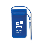 Custodia impermeabile per cellulare personalizzata con logo Beachtime color blu trasparente vista area di stampa
