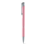 Penna in alluminio con meccanismo a pressione e inchiostro blu color rosa