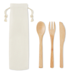Set di posate personalizzate in bambù in sacchetto di tela Bamboo color bianco