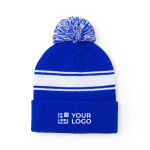Cappello invernale tanti colori con fasce bianche e risvolto PomPon vista area di stampa