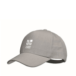 Cappellini baseball 5 pannelli in canapa 370g/m2 con fibbia Eco Soft color grigio vista area di stampa