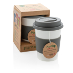 Bicchiere take away ecologico fascia e tappo abbinati 350ml Latte color grigio vista con scatola