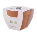 Vasetto terracotta pubblicitario con terriccio e semi basilico Basil color marrone immagine con logo
