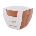 Vasetto terracotta pubblicitario con terriccio e semi basilico Basil color marrone