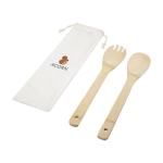 Cucchiaio e forchetta in legno per insalata con sacchetto Bamboo color naturale vista con stampa serigrafica