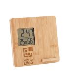Stazione meteo con logo schermo Led e caricatore wireless Charge color legno vista area di stampa