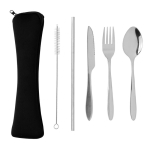 Set di posate con logo in acciaio inox in un sacchetto di neoprene nero color argento seconda vista