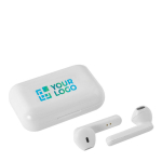 Cuffie bluetooth TWS con logo in scatolina di ricarica color bianco vista area di stampa