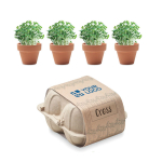 4 vasetti di terracotta con semi di crescione in cartone per uova Eggs color beige vista area di stampa