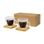 Kit due tazze piccole da caffè con piattino in bambù da 100ml Espresso color trasparente vista con stampa tampografica