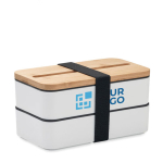 Lunch box doppio scomparto con posate in PP riciclato e bambù 800ml color bianco vista area di stampa