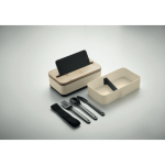 Lunch box doppio scomparto con posate in PP riciclato e bambù 800ml color beige