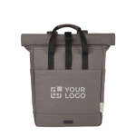 Zaino rolltop in cotone riciclato certificato 330g/m² con tasca pc 15” vista area di stampa