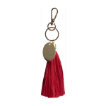 Portachiavi con nappina in cotone e targhetta dorata in metallo color rosso prima vista