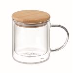 Tazza in vetro doppia parete manico colorato coperchio in bambù 300ml color trasparente