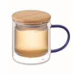 Tazza in vetro doppia parete manico colorato coperchio in bambù 300ml color blu trasparente seconda vista
