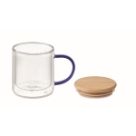 Tazza in vetro doppia parete manico colorato coperchio in bambù 300ml color blu trasparente terza vista