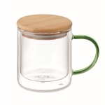 Tazza in vetro doppia parete manico colorato coperchio in bambù 300ml color verde trasparente