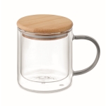 Tazza in vetro doppia parete manico colorato coperchio in bambù 300ml color grigio trasparente
