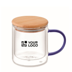 Tazza in vetro doppia parete manico colorato coperchio in bambù 300ml vista area di stampa