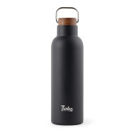 Borraccia in acciaio inox riciclato con manico e tappo in legno 800ml color nero vista con logo