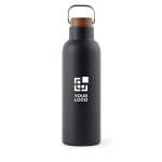 Borraccia in acciaio inox riciclato con manico e tappo in legno 800ml color nero vista area di stampa