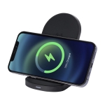 Base di ricarica wireless in plastica riciclata a doppia bobina da 15W color nero terza vista frontale