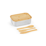 Lunch box in acciaio riciclato con coperchio in bambù e posate 490ml color argento quinta vista