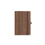 Taccuino ecologico A5 con copertina che simula le venature del legno e pagine bianche color marrone scuro vista frontale