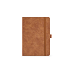 Taccuino A5 in pelle sintetica ecologica con fascia di chiusura e pagine bianche color marrone chiaro vista frontale